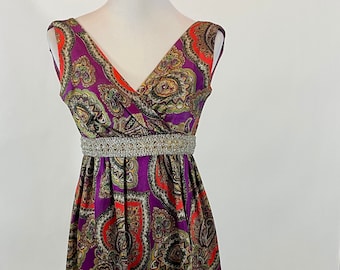 Vintage 1970s Paisley Multi-color Empire Maxi dress with tinsel Detail, XS