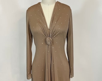 Vintage 1970s Felix Arbeo Cappucino Plunge Maxi dress with rhinestones, Medium