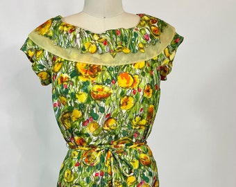 Vintage 1960s Chez Katrina 100% Silk Yellow Poppy Floral Dress, Small