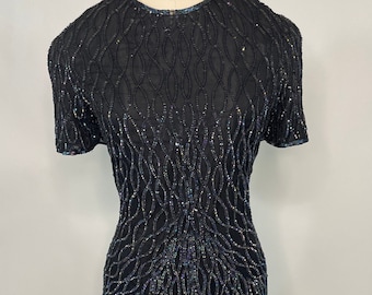 Vintage 1980s American night Silk and Sequin Black iridescent dress, Medium