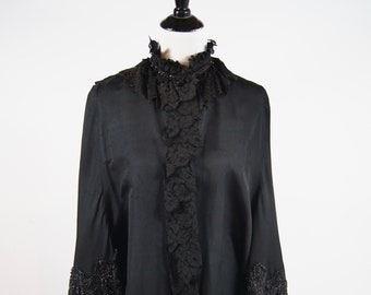 Antique Victorian Era Black Jacket with Lace and Jet Beading Appliqué, One Size