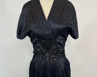 Vintage 1980s Taurus Nights Black Silky Dress with Sequin Appliqué, Small