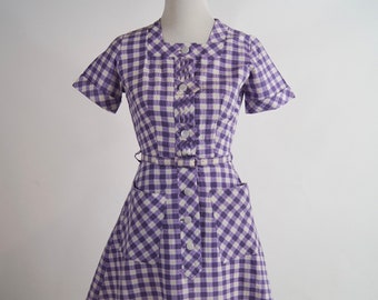 Vintage 1950s Cotton City Purple Check Cotton Dress with Button Details, S