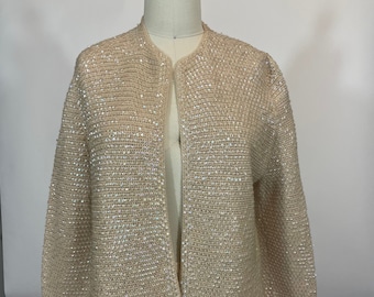 Vintage 1950s Knit Beige cardigan Sweater with Iridescent sequins, Medium Large