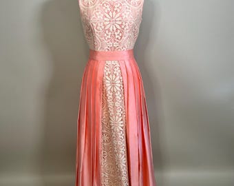 Vintage 1960s Pink Satin and cotton Lace Pleated maxi Dress, Size Small