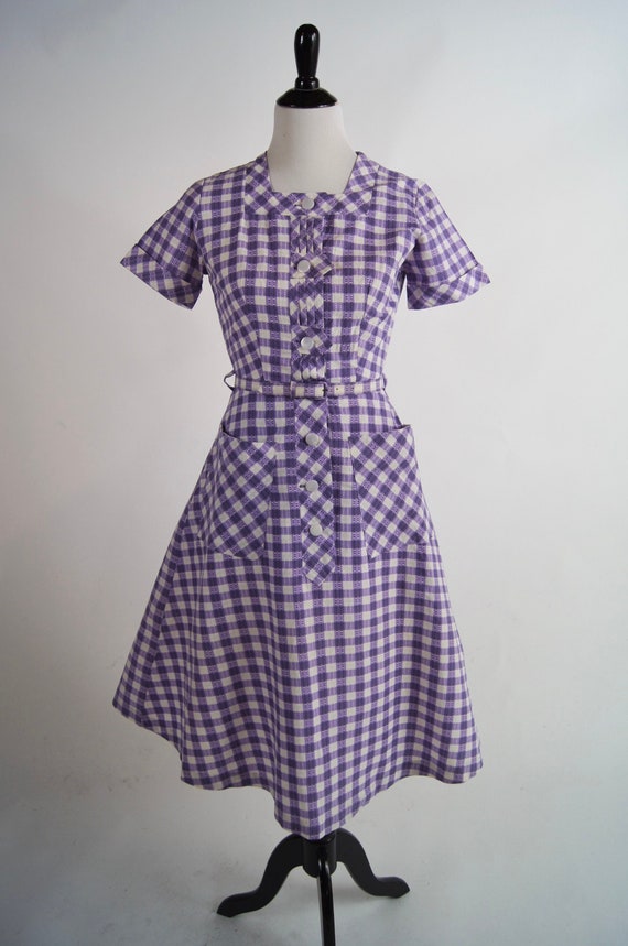Vintage 1950s Cotton City Purple Check Cotton Dre… - image 1