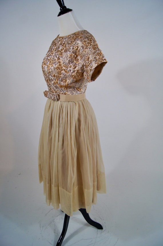 Vintage 1950s Gold brocade Full Skirt Dress with … - image 3