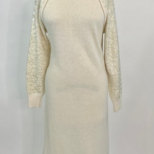 Vintage 1980s Tamaron Ivory Lambswool Angora knit Sweater Dress with Sequins, Large image 1