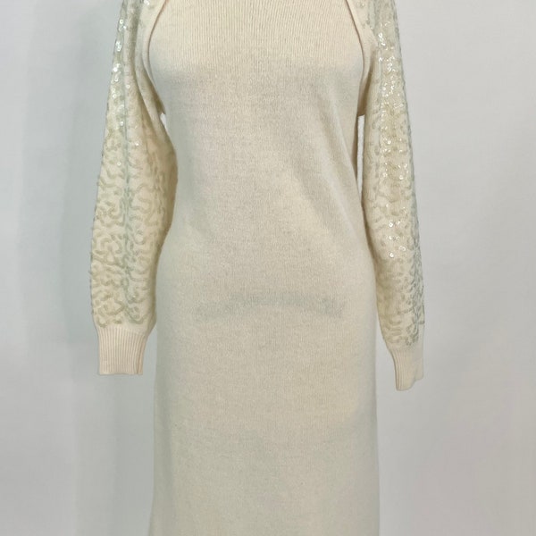 Vintage 1980s Tamaron  Ivory Lambswool Angora knit Sweater Dress with Sequins, Large