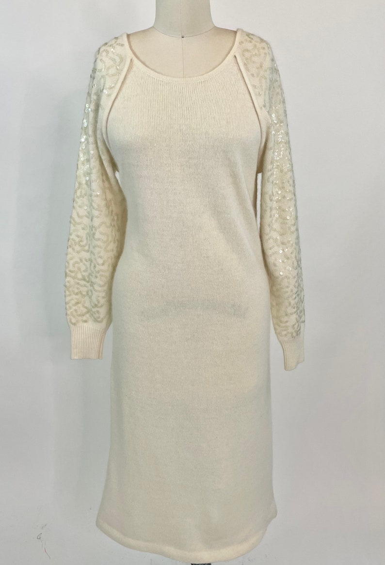 Vintage 1980s Tamaron Ivory Lambswool Angora knit Sweater Dress with Sequins, Large image 1