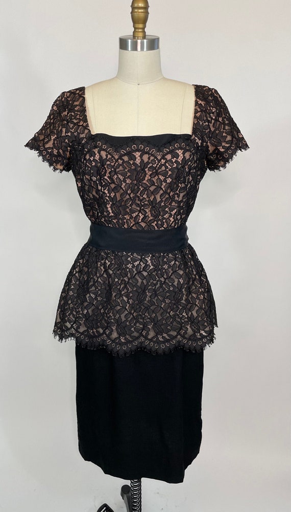 Vintage 1940s Nude and Black Lace Peplum Dress, M… - image 1