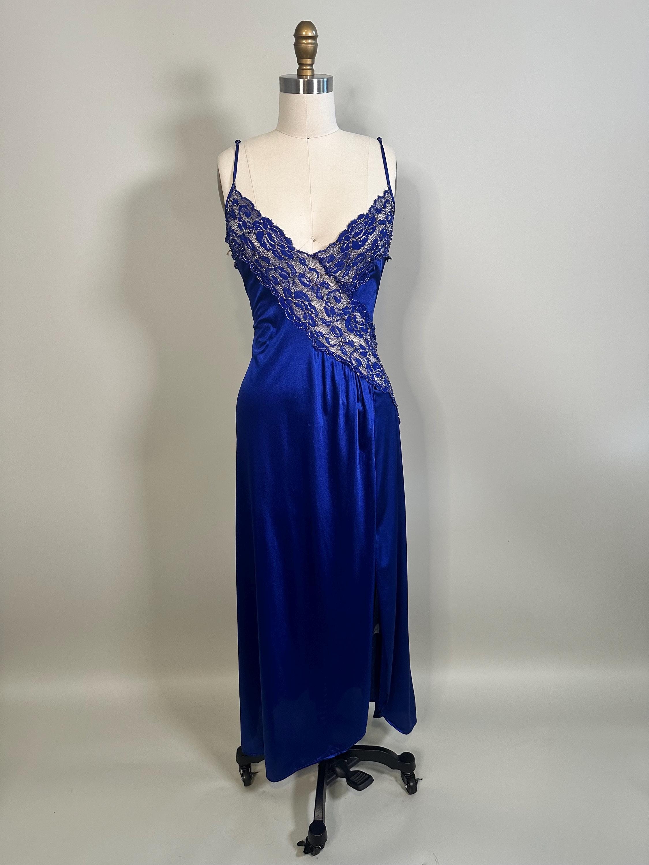 Vintage 1980s Colesce Couture Lingerie Blue and gold Nightgown, Large