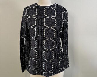 Vintage Elinor Gay Black and Silver Sequin Top Blouse, Small