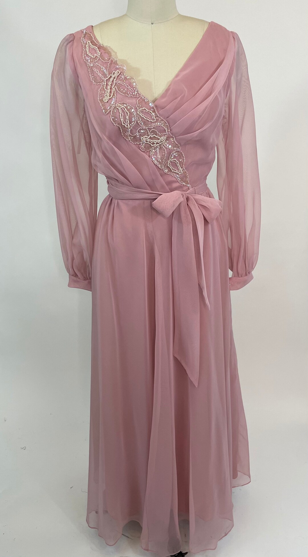 Vintage Late 1970s Pink Chiffon Maxi Dress With Sequin Appliqué, Small ...