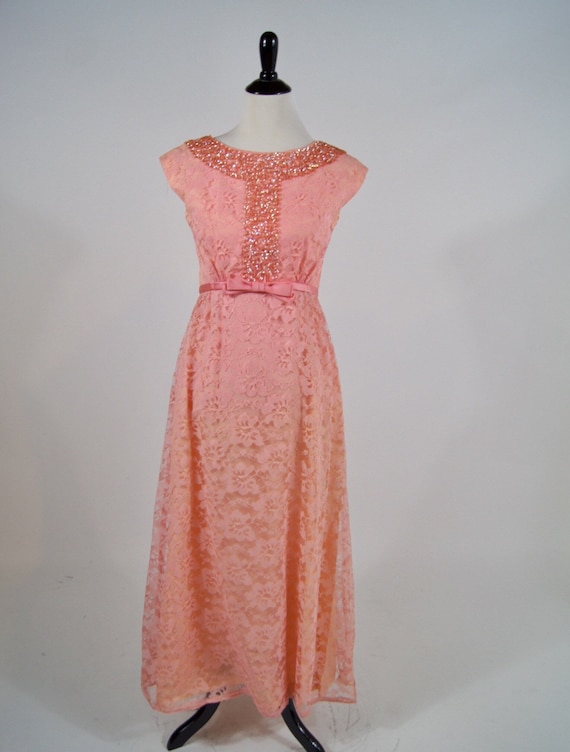 Vintage 1960s Emma Domb Pink Lace Long Gown Dress… - image 1