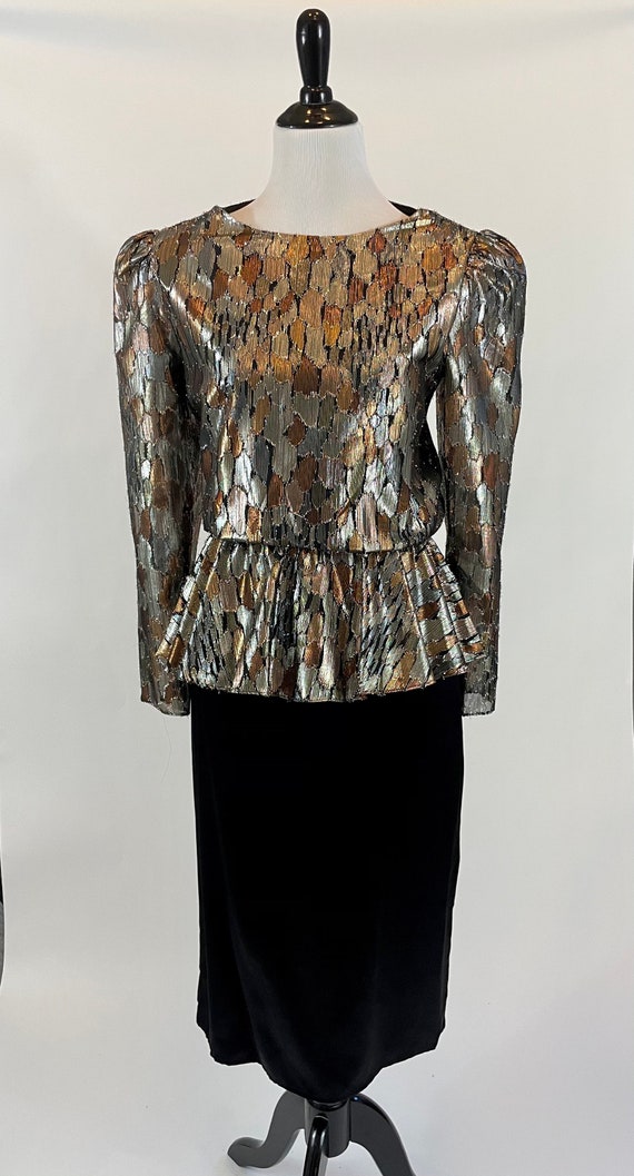 Vintage 1980s Patra Gold Metallic Peplum Dress, La