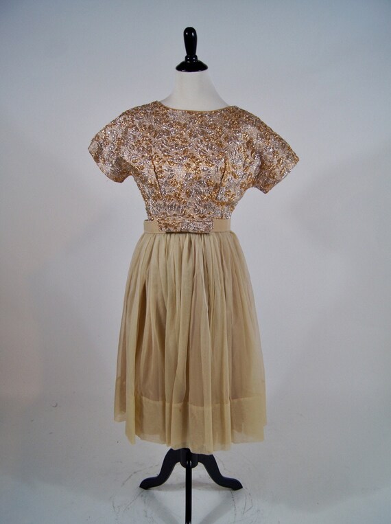 Vintage 1950s Gold brocade Full Skirt Dress with … - image 1