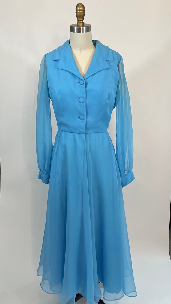 Vintage 1970s Miss Elliette Blue Chiffon Long sle… - image 1