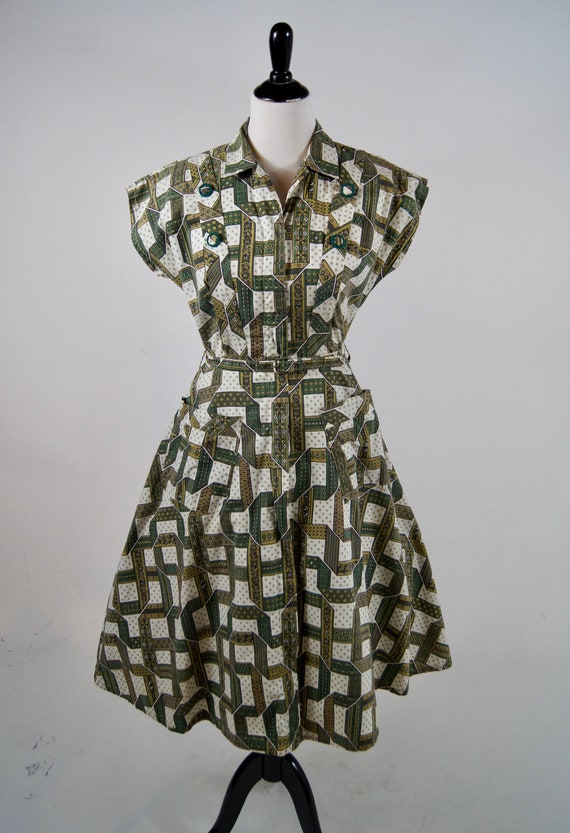 Vintage 1950s Kenrose Green Full Zip Cotton Day Dr