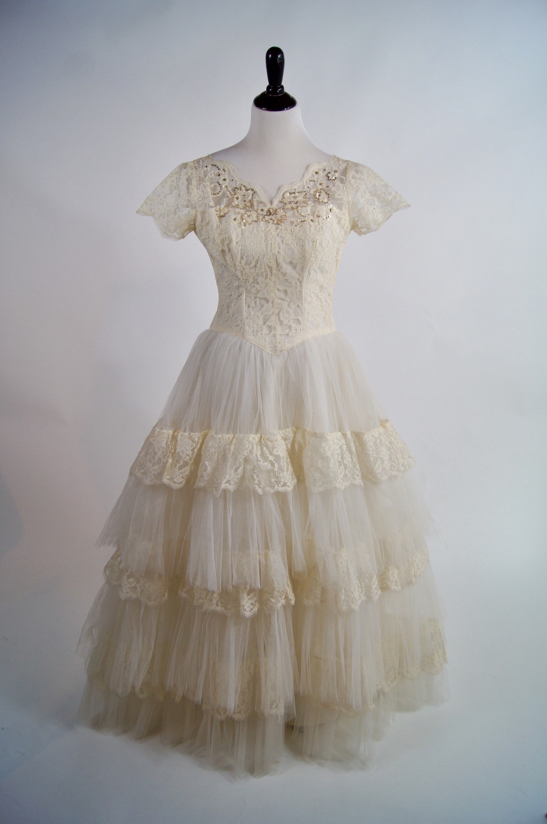 Dreamy Vintage 1950s Tulle Beaded Lace Wedding Dress, Ivory, XS - Etsy