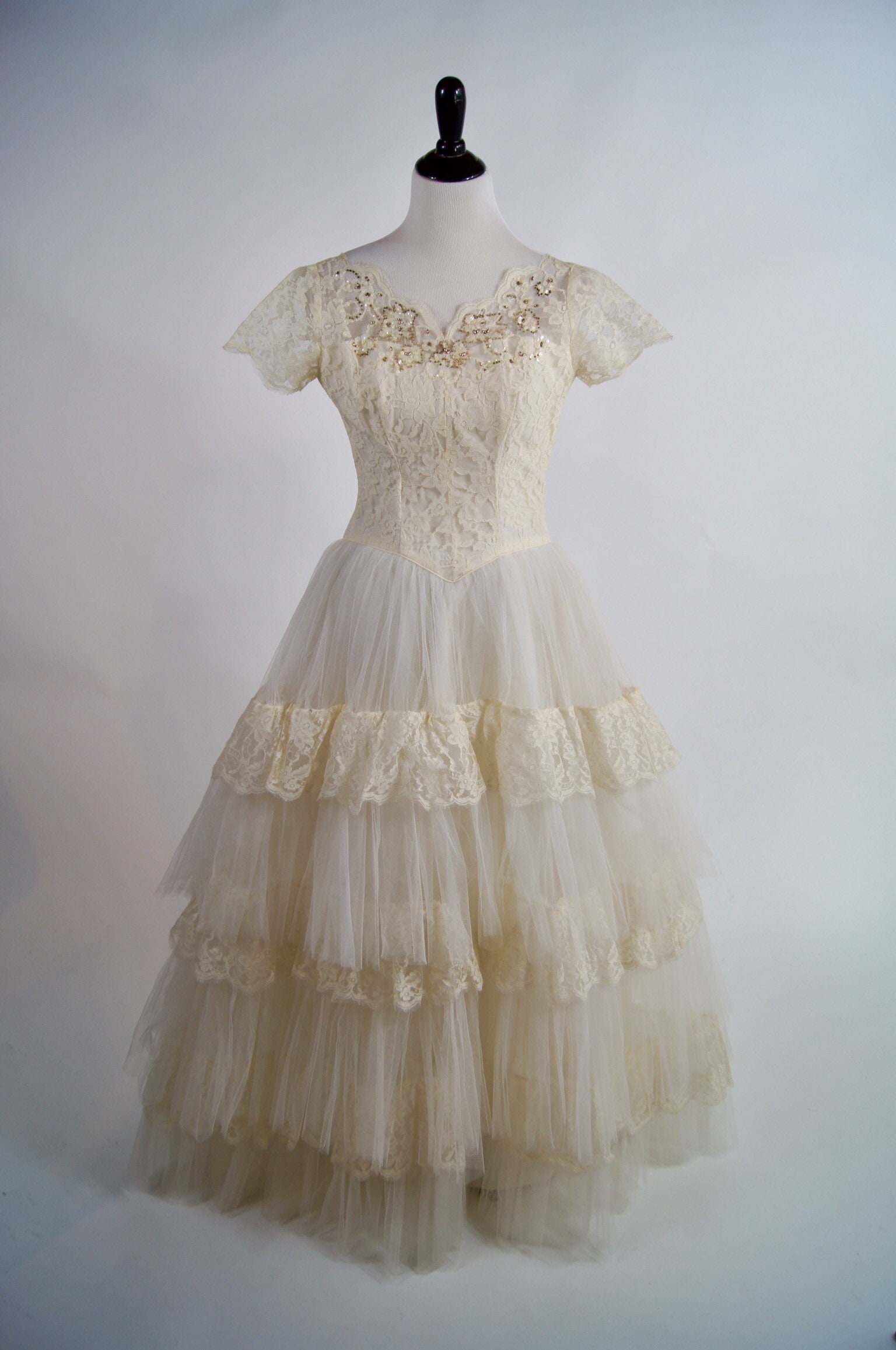 Dreamy Vintage 1950s Tulle Beaded Lace Wedding Dress Ivory - Etsy