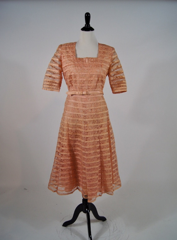 Vintage 1940s Salmon Pink Ribbon and Lace Dress wi
