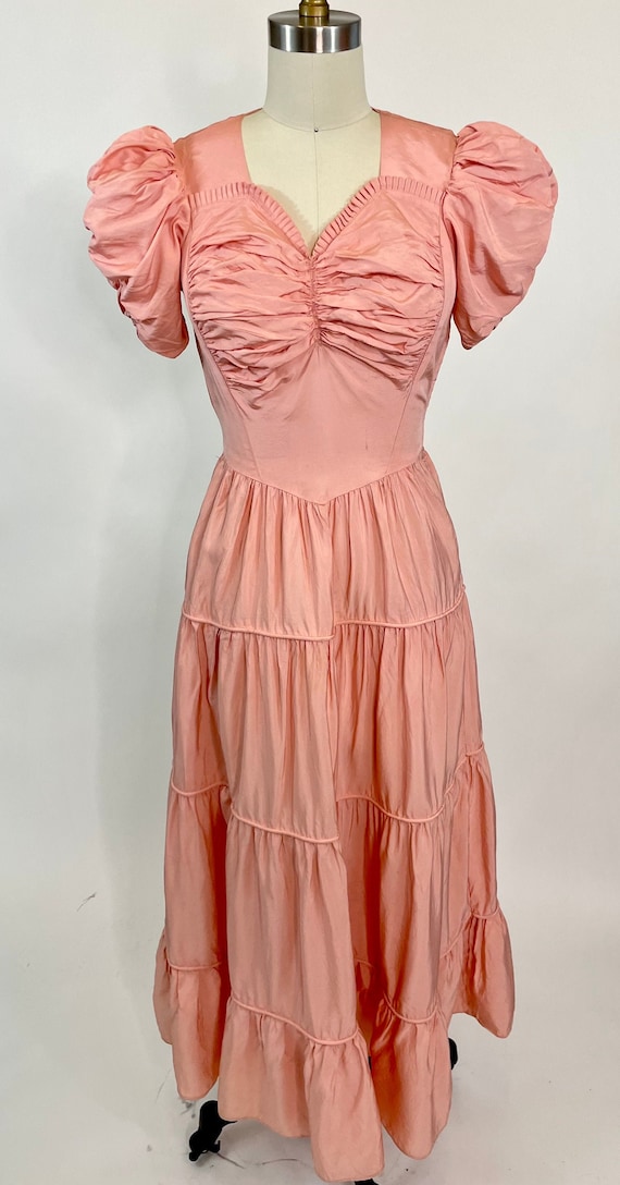 Vintage 1940s Pink Ruched Long Tiered ruffle Dress