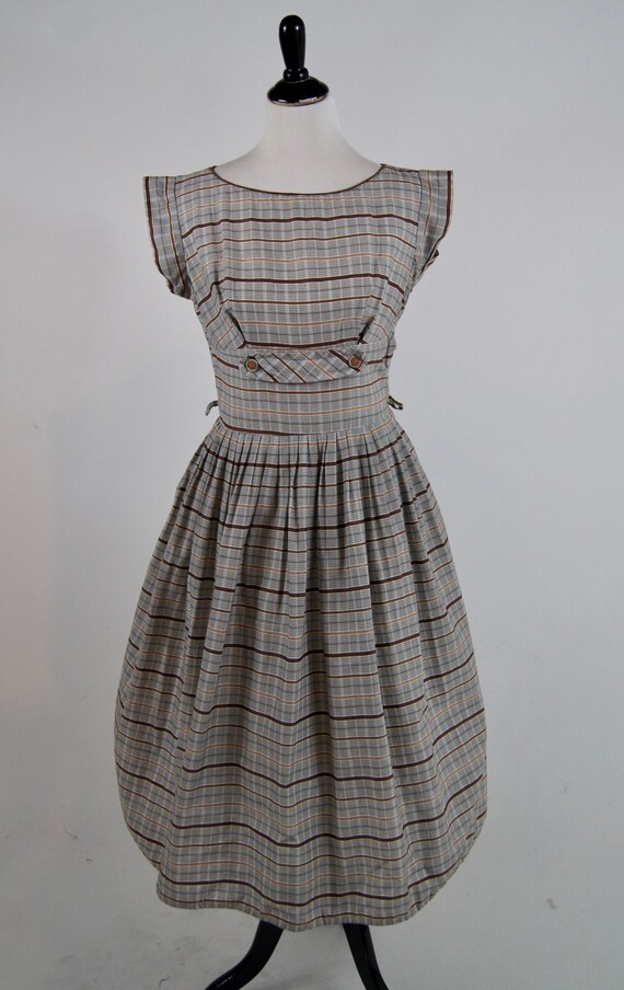 Vintage 1940s Brown Plaid Button Detail dress, Med