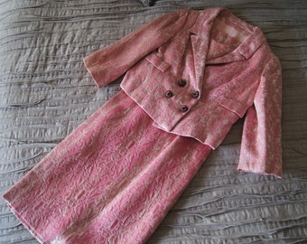 Vintage 1960s Pink Brocade 3 piece Dress suit with Rhinestone Buttons, XS