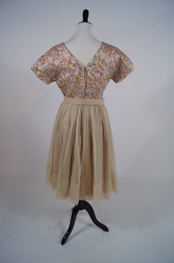 Vintage 1950s Gold brocade Full Skirt Dress with … - image 2