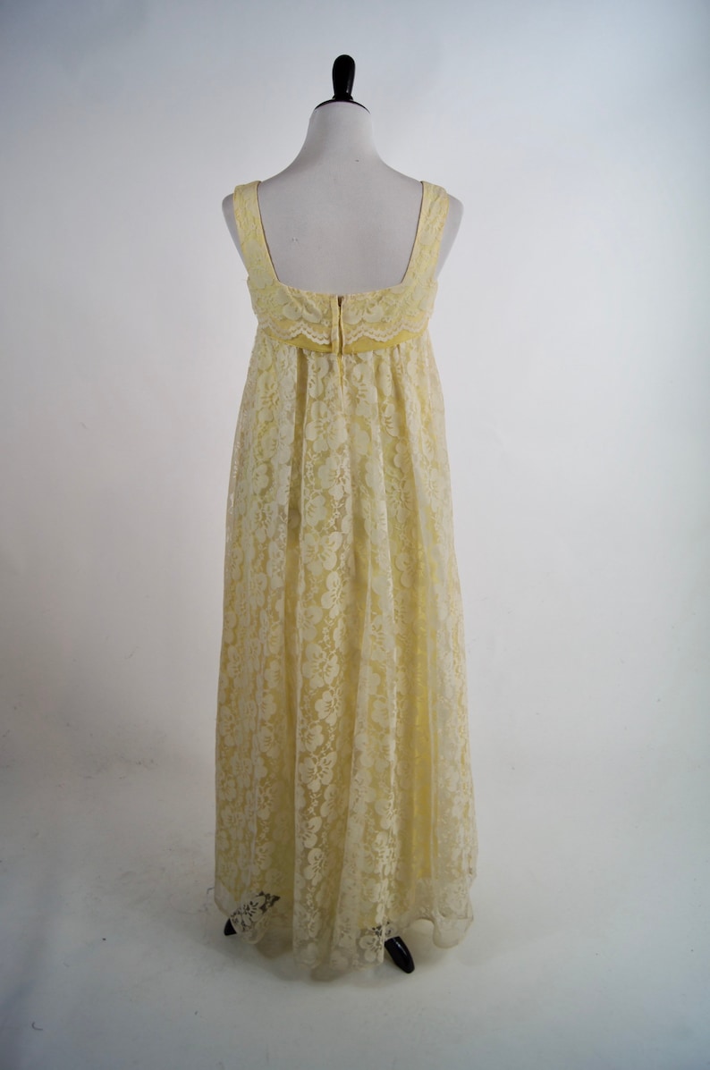 Vintage 1960s Yellow Lace A-line floor length gown with Bow Medium