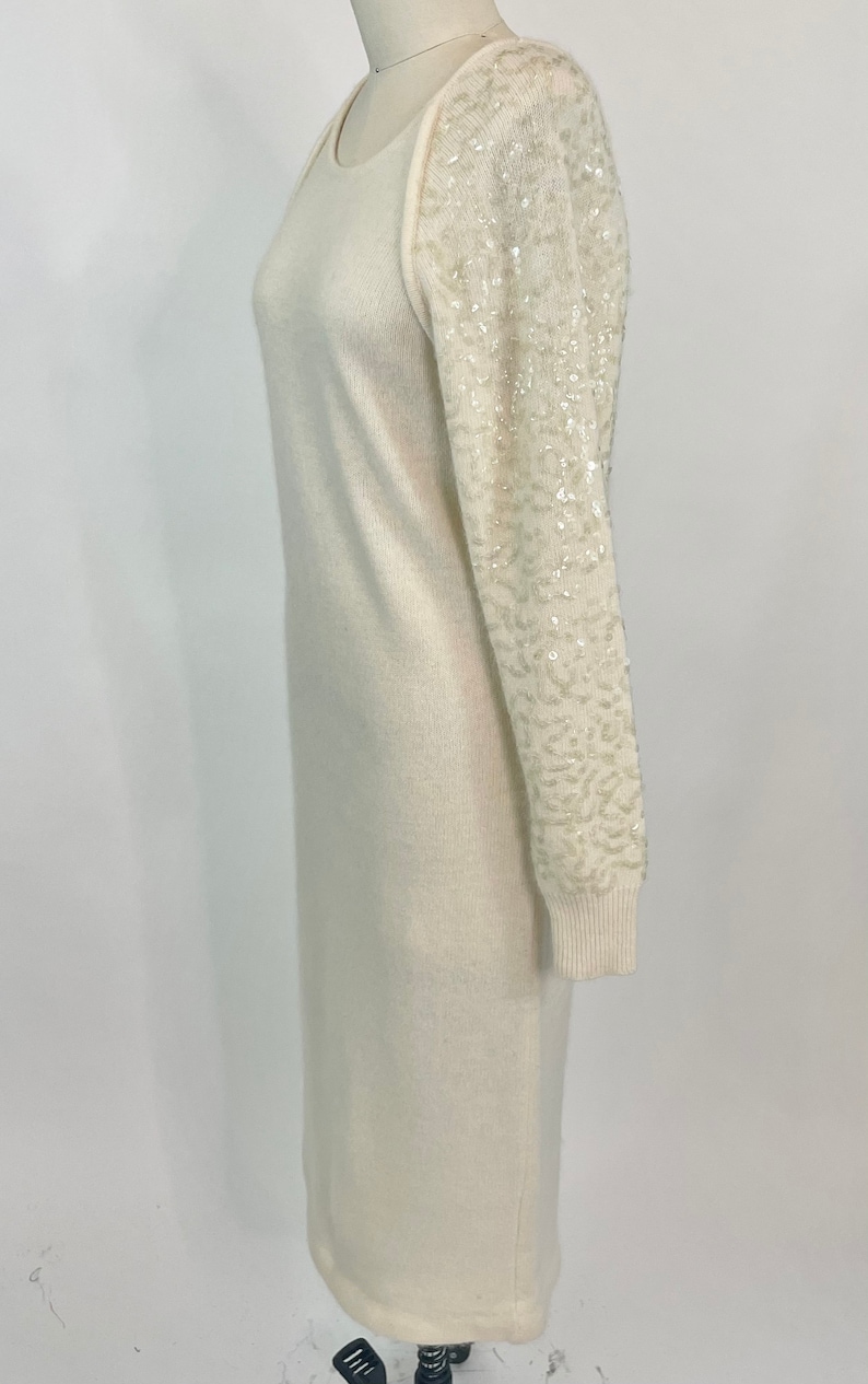 Vintage 1980s Tamaron Ivory Lambswool Angora knit Sweater Dress with Sequins, Large image 2