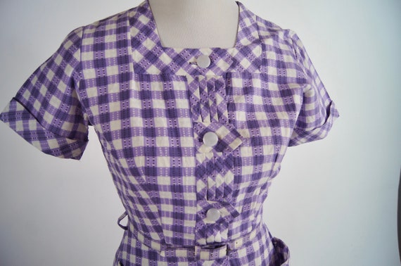 Vintage 1950s Cotton City Purple Check Cotton Dre… - image 2
