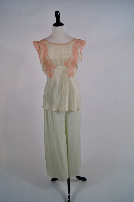 Vintage 1920s Mint Green Silk Pajamas Loungewear w