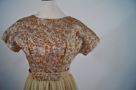 Vintage 1950s Gold brocade Full Skirt Dress with … - image 5