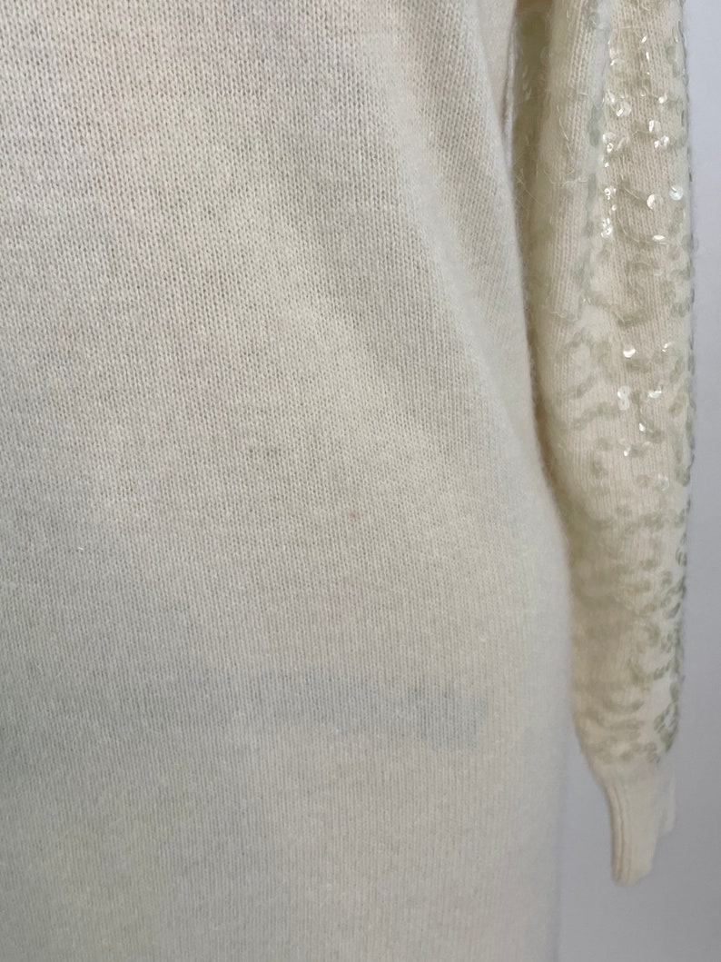 Vintage 1980s Tamaron Ivory Lambswool Angora knit Sweater Dress with Sequins, Large image 4