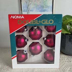 Vintage NOMA Doubl Glo Burgundy Glass Christmas Ornaments | Satin Raspberry Pink Baubles | Original Box | Retro Holiday Decor