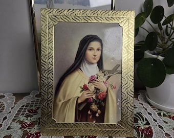 Stampa vintage di Santa Teresa con cornice, arte religiosa cattolica da parete, ritratto con cornice dorata, decorazione cristiana, Santa Teresa di Lisieux
