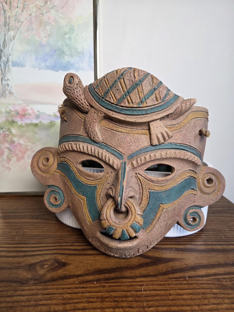 Vintage Colombian Ceramic Mask – Handmade Wall Decor With Turtle – Folk ...
