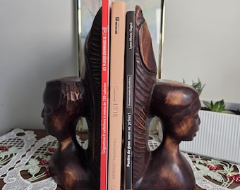 Sujetalibros de madera tallados a mano estilo vintage, esculturas de estilo africano, soportes para libros de arte tribal, decoración bohemia, juego de 2