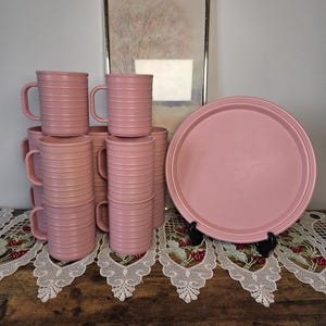 Vintage Lustro Pink Plastic Dinnerware Set | 22 Piece Made in Canada | 12 Mugs & 10 Plates | Rose Antique | Retro Camping Picnic Dish Set