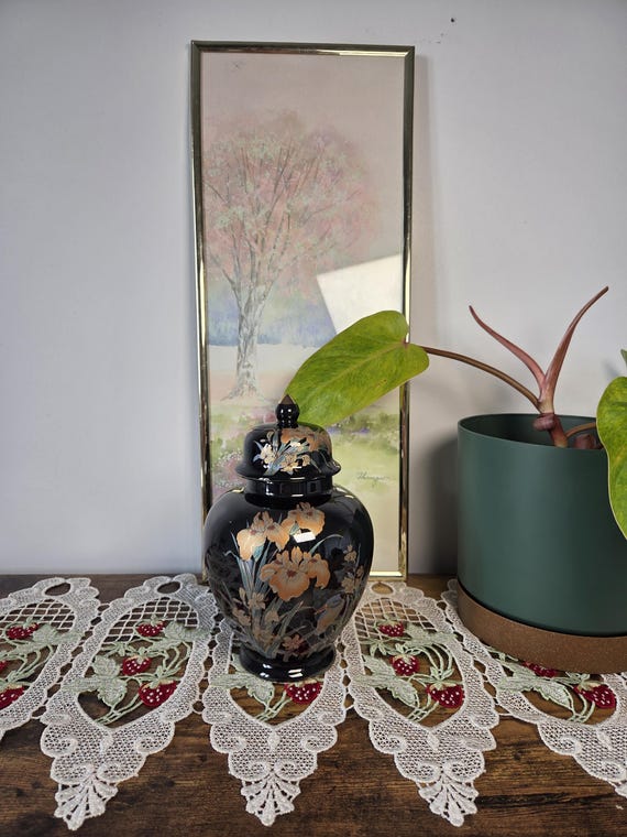 Vintage Japanese Style Ginger Jar, Black Floral Porcelain Urn with Lid, Asian Decorative Vase, Oriental Iris Bird Jar, Chinoiserie Decor