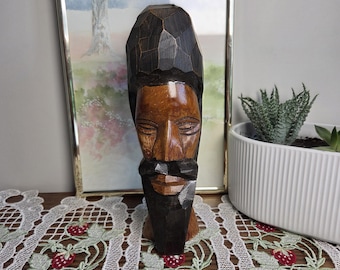 Vintage handgeschnitzte Holzkopf Skulptur 1979 Jamaika African Style Tribal Art Holzbüste Geometrische Mid Century Decor