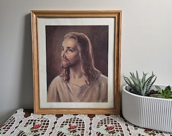 Vintage Jesus Porträt Druck, Religiöse Wandkunst, Gerahmtes Christliches Dekor, Katholische Kunst, Sacred Heart Style, Vintage Religiöser Druck,