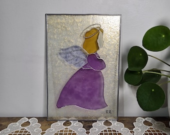 Panel de ángel de vidrieras vintage, arte mural de ángel morado, decoración de ángel guardián, obra de arte religiosa en vidrio, decoración espiritual para el hogar, ángel hecho a mano