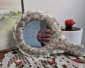 Vintage Floral Hand Mirror, Cottagecore Vanity Mirror, Shabby Chic Fabric Mirror, Coquette Decor, Romantic Vanity Decor, Lace Mirror