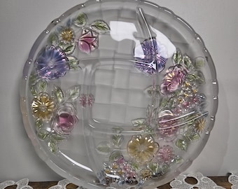 Taca do serwowania z podziałką w stylu vintage z motywem kwiatowym | Iryzujący talerz na przekąskę z prasowanego szkła | Retro talerz na słodycze | Kolorowy szklany talerz z kwiatami