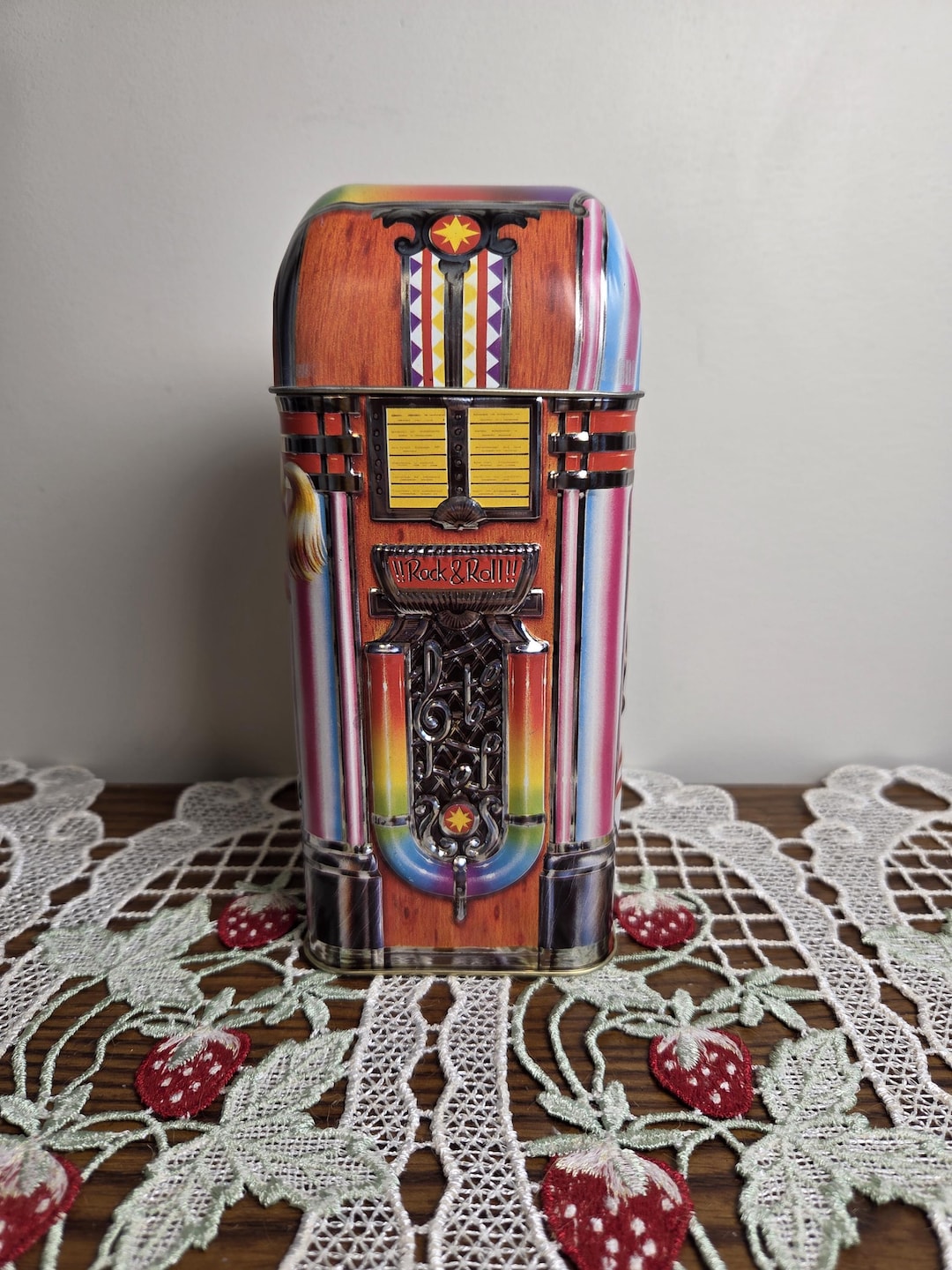 Vintage Jukebox Tin Money Box Churchill's, Rock and Roll Retro