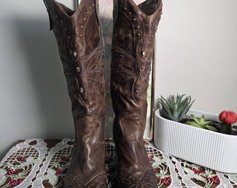 Vintage Italian Leather Cowboy Boots Size 36.5 EU, Brown Western Boots, Studded Rhinestone Cowgirl Boots, Made in Italy