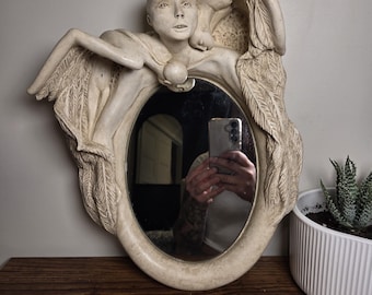 Vintage Art Nouveau Style Mirror Sculpture | Winged Woman Figural Mirror | Mythical Angel Wall Decor | Sculptural Mirror | Fantasy Art Decor